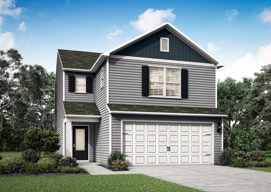 Rendering of the two-story Ashley with shutters and front yard landscaping.