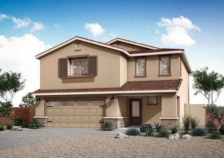 The Snowflake floor plan with a stucco and brick exterior, a 2-car garage with garage windows and professional landscaping.