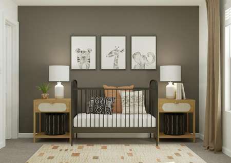 Rendering of a secondary bedroom
  converted into a nursery featuring a crib, nightstands, and décor.