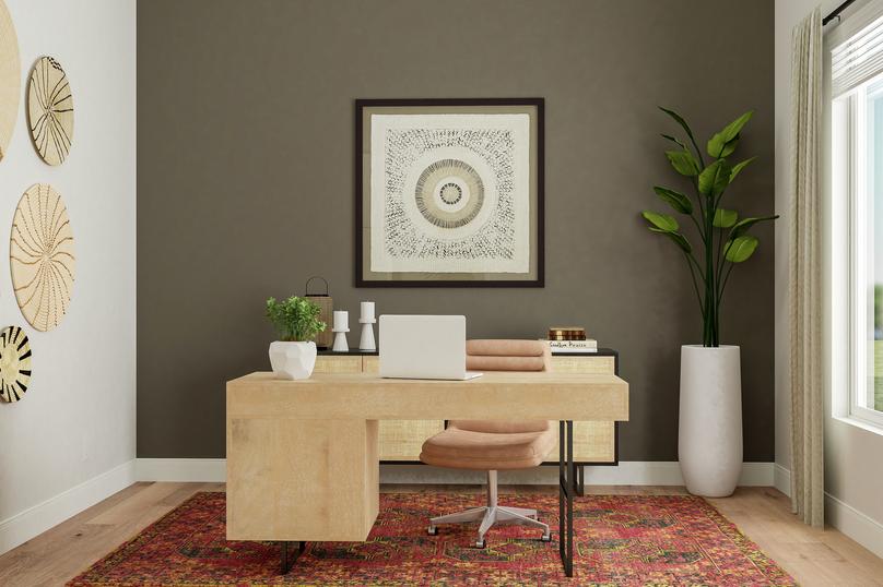 Rendering of the office furnished with  desk, chair, rug and cabinetry. The room is decorated with artwork and a  potted plant next to the large window.