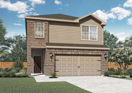 The Jaguar plan is a two-story home with tan brick and siding.