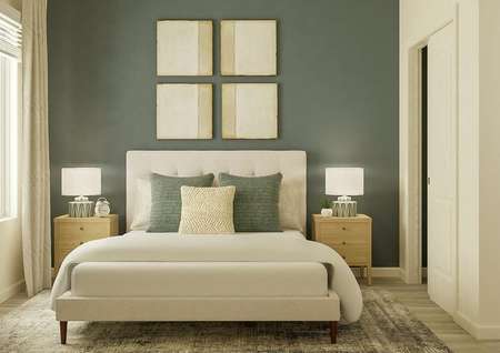 Rendering of a secondary bedroom with a
  window, closet, wood-look vinyl flooring, two tan walls and an accent wall
  painted gray. The room is furnished with a bed, two nightstands, artwork and
  a rug.