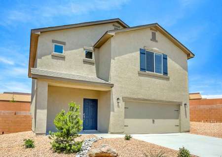 Snowflake front of house with desert landscaping, light brown stucco finish, and two levels