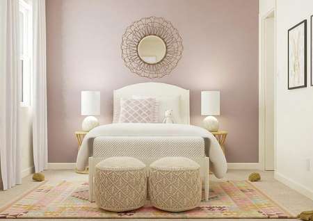 Rendering of a secondary bedroom with a
  window with white curtains, a white bed with light wood tables against a
  light pink accent wall. 