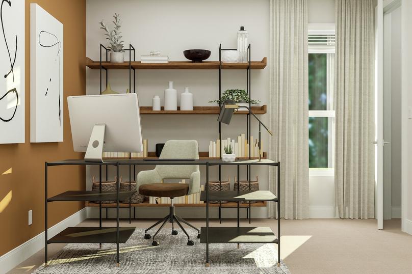 Rendering of the office furnished with a  rug, exposed shelving and home office set up. The accent wall and paintings  are illuminated with natural light from the large window.