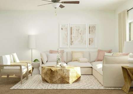 Rendering of living room with large
  couch, additional seating, window, and round coffee table.