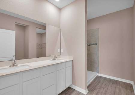 The master bathroom features double sinks and a large walk-in closet.
