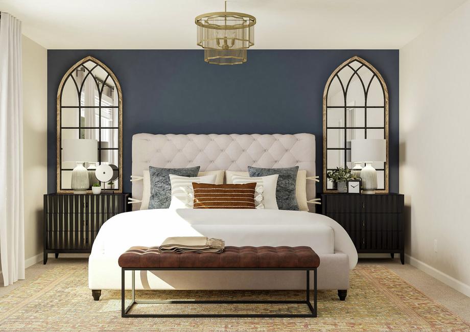 Rendering of the spacious master bedroom
  with a large bed centered between two nightstands and impressive mirrors. On
  the left wall is the window and on the right is the entrance to the hallway.