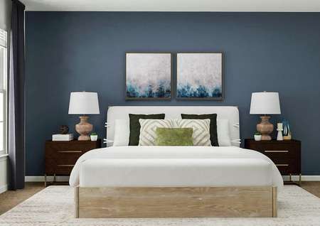 Rendering of the generously sized master
  bedroom. The space has a dark blue accent wall furnished with a large bed and
  two nightstands. On the adjacent wall is a window.