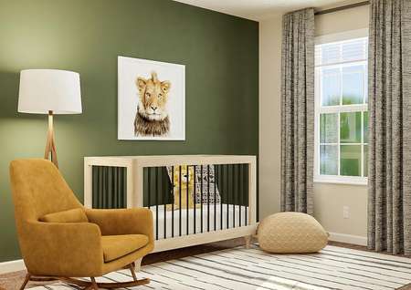 Rendering of the second bedroom converted
  into nursery with yellow rocking chair on white rug, beige crib with décor
  along green accent wall, large window with curtains, and wooden dresser with
  tan carpet throughout.