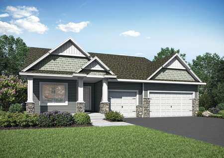 Artist rendering of the front elevation of the split-level St. Patrick plan by LGI Homes in gray siding and shake shingle with white trim and three-car garage and front porch.