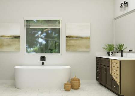 Rendering of the luxurious owner's bath
  featuring two vanities surrounding a white soaking tub along a large window.