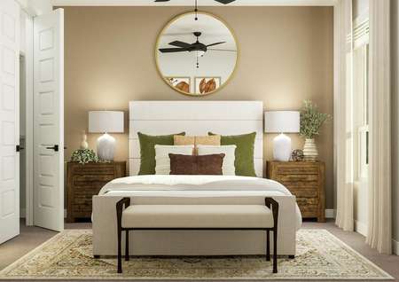 Rendering of a secondary bedroom
  featuring a large white-framed bed, two nightstands, and large mirror along a
  sand accent wall. The step-in closet is to the left.