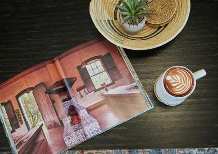 Coffee table with open book and coffee mug.