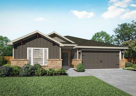 The Keystone is a stunning one-story home with gray siding and tan brick.