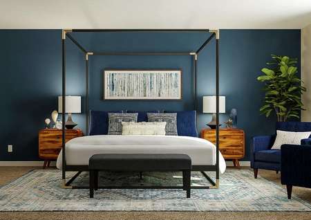 Rendering of spacious master bedroom with
  large poster bed, wood nightstands and two blue chairs