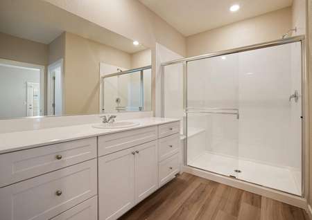 The master bath has gorgeous white cabinets and a huge walk-in shower.