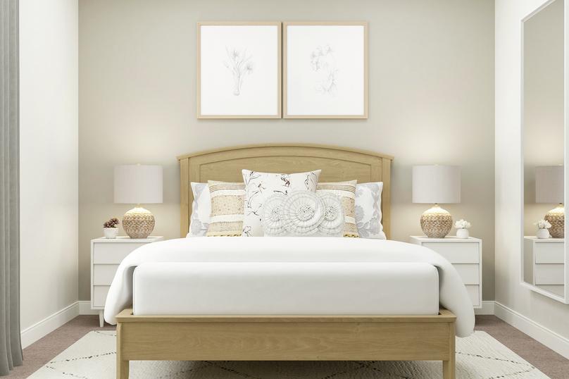 Rendering of a bedroom focused on a large
  bed between two nightstans. Floral artwork hangs above the bed and a
  full-length mirror is on the wall next to the bed.