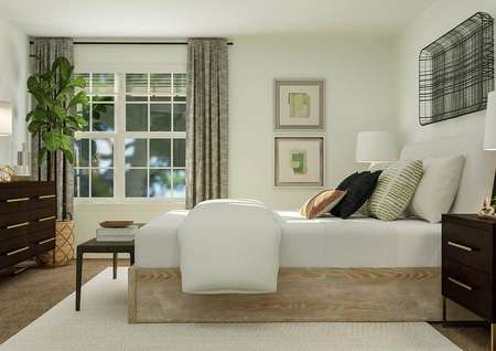 Rendering of a spacious bedroom with a
  large window and carpeted flooring. The space is furnished with a wooden
  dresser on the left wall and a large bed on the right.