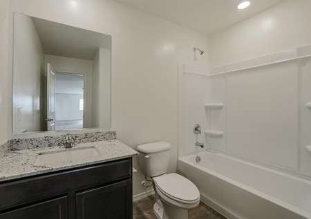 Secondary bathroom with a beautiful single-sink vanity and a dual tub and shower.