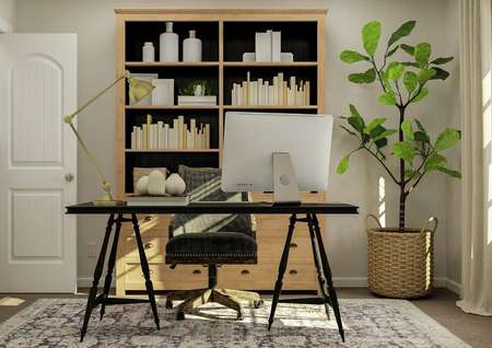 Rendering of an office furnished with a
  bookshelf, desk and potted tree.