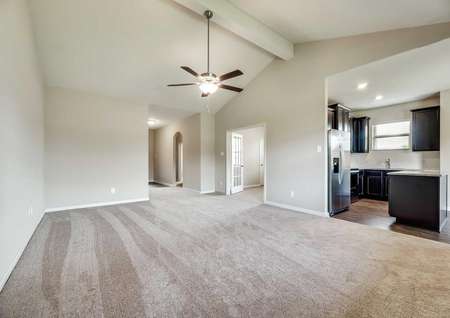 Sabine floor plan with vaulted ceilings, ceiling fan/light, and carpeted flooring