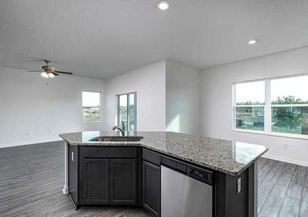 Granite countertop in an open kitchen overlooking the family room. 