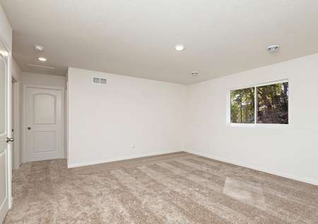 Downstairs game room with carpet and window.