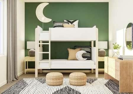 Rendering of a bedroom furnished with a
  bunk bed, two nightstands and a dresser. 