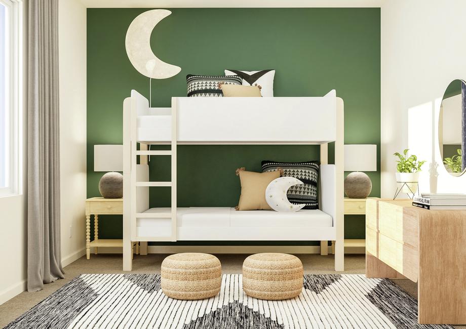 Rendering of a bedroom furnished with a
  bunk bed, two nightstands and a dresser.Â 