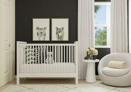 Rendering of a secondary bedroom with
  window and closet decorated as a nursery, featuring a black accent wall,
  white crib and gray chair.