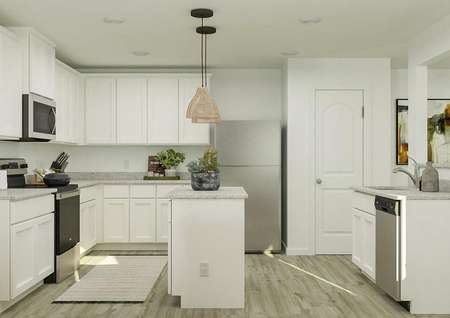 Rendering of the spacious kitchen in the
  Ashburn, which has gray-washed vinyl plank flooring, granite countertops,
  white cabinetry and an island in the middle of the space.