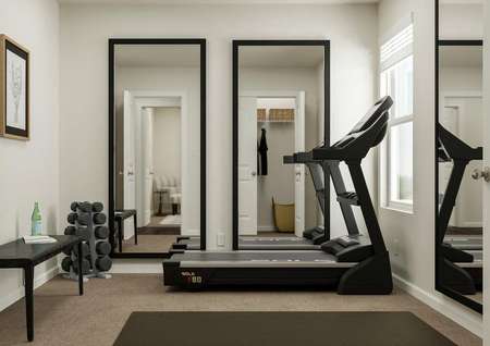 Rendering of a room furnished with a
  treadmill, workout mat, dumbbells and a bench. The walls are lined with
  full-length mirrors.