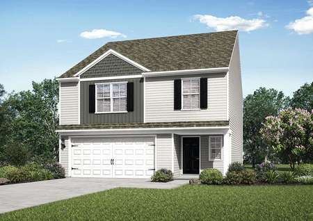 Fripp house plan exterior with two levels, green grass, and two-car garage
