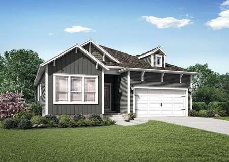 The Mid Atlantic James rendering of the front exterior of a single story home with attached garage.