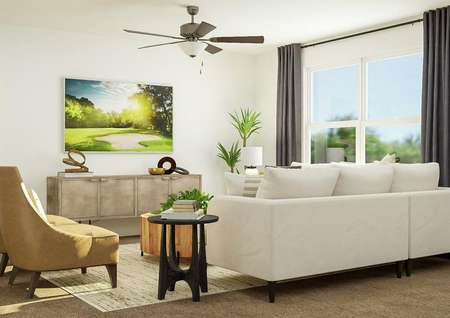 Rendering of living room area with side
  view of large couch, additional seating, and large window.