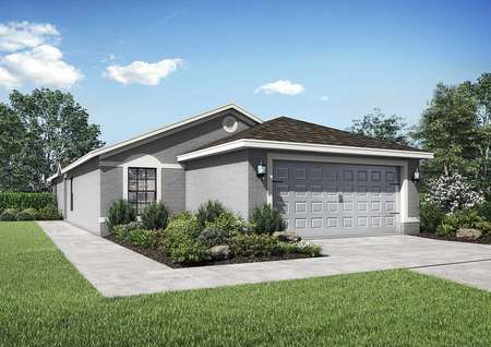 Cocoa single-family home rendering with gray stucco, landscaped yard, and two car garage door