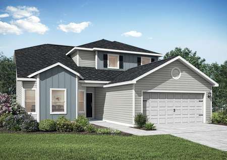 The Cypress has blue and gray siding with the added charm of window shutters.