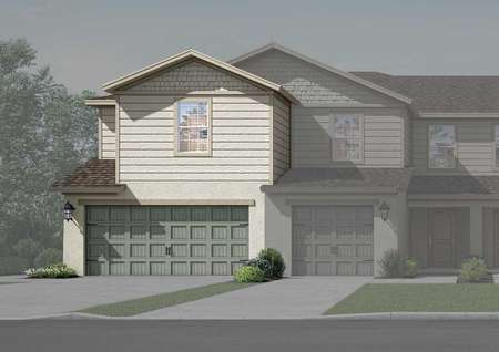 Two-story townhome with a two-car garage, a long driveway and front yard landscaping. 