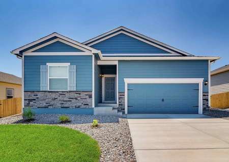 Chatfield floor plan exterior painted light blue with a two-car garage.