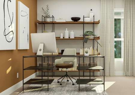 Rendering of the office furnished with a
  rug, exposed shelving and home office set up. The accent wall and paintings  are illuminated with natural light from the large window.
