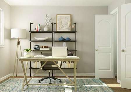 Rendering of a room furnished as an
  office with a desk, computer chair, two black shelves and a standing lamp.
