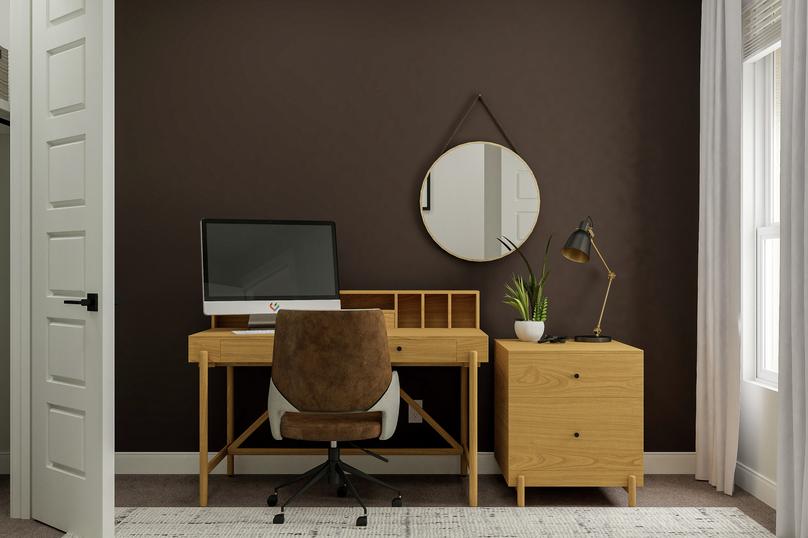 Rendering of an office space featuring a
  desk and office furniture along a brown accent wall with a closet to the
  left.Â 