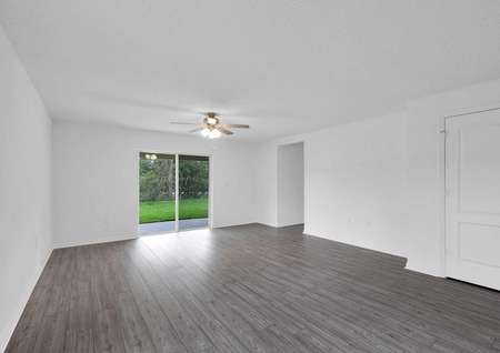 Spacious family room leading to a covered back patio for additional entertainment space. 