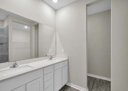 Double sinks and a large walk-in closet are highlighted in the master bathroom.