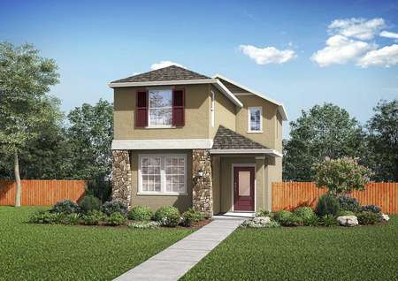 The renderings of the Empire floor plan that is painted tan with a red front door and a lush green grass front yard.
