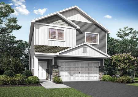 Artist rendering of the front elevation of the split-level St. Henry plan by LGI Homes in taupe siding with white trim, beige stone accents and a two-car garage.