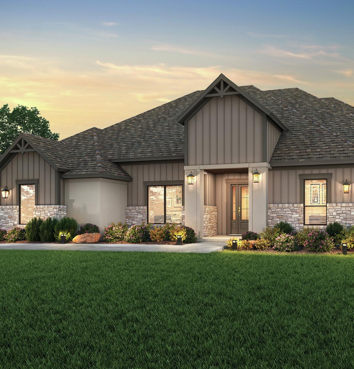 The Timberline dusk rendering with stucco, dark siding and tan stone detailing.