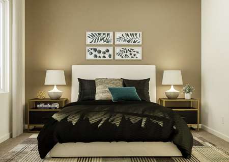 Rendering of a bedroom furnished with a
  large bed, two nightstands and a rug. Plant artwork hangs above the bed.