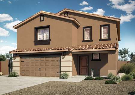 Exterior rendering of the Snowflake floor plan with tan stucco, tile roof and designer coach lights